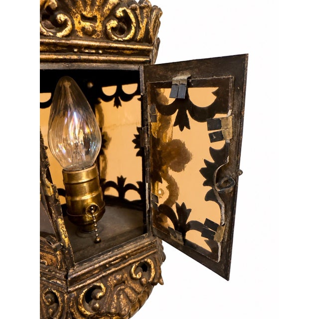 Vintage Italian Renaissance Revival Gilt-Metal and Iron Floor Lanterns — Matching Pair, 76 Inches Tall For Sale - Image 10 of 11