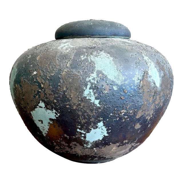 Vintage Boho Rustic Raku Cermaic Lidded Vessel For Sale
