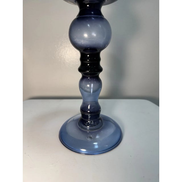 Mid-Century Modern Vintage Blue Glass Pedestal Candle Holder | MCM Art Glass Compote Decor For Sale - Image 3 of 13