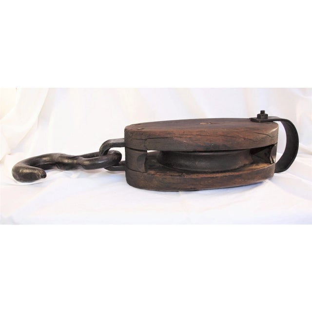 Brown Antique Industrial Design Large Scale Pulley and Hook For Sale - Image 8 of 8