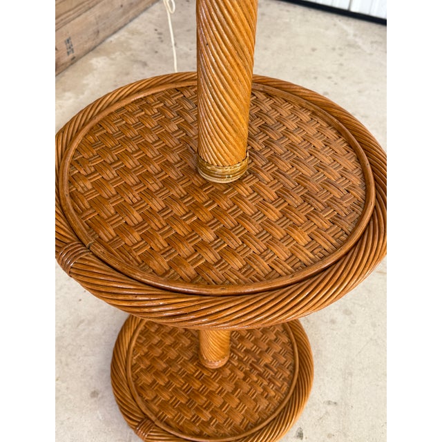 Wood Mid-20th Century Coastal Twist Rattan Floor Lamp With Two-Tier Table and New Shade For Sale - Image 7 of 12