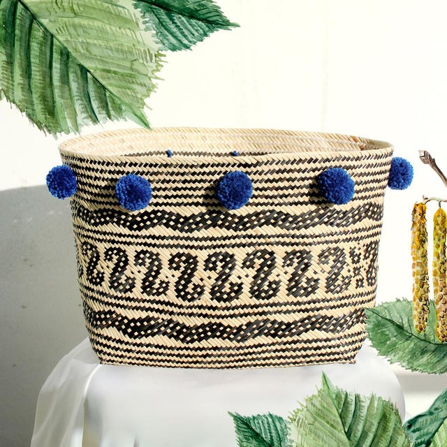 Borneo Tribal Straw Basket with Royal Blue Pompoms Chairish