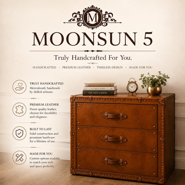 Luxury Tan Leather 3 Drawer Console, Handmade Leather Chest of Drawers, Vintage Trunk Style Nightstand, Brass Studded Storage Cabinet For Sale - Image 6 of 12