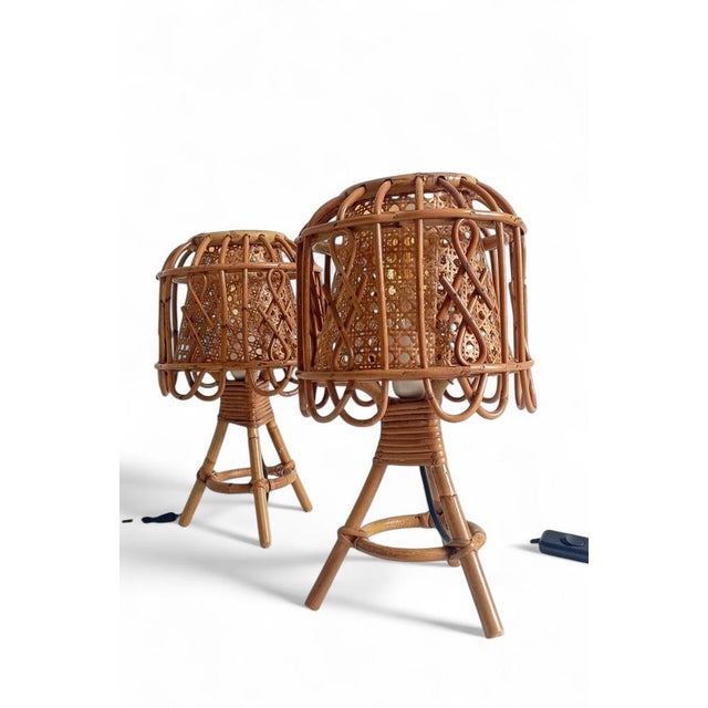 1960s French Riviera Rattan and Cane Table Lamps by Franco Albini, 1960s, Set of 2 For Sale - Image 5 of 14