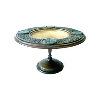 Antique Persian Reticulated Brass & Enamel Turquoise Cloisonné Tazza / Centre Piece / Sweet Stand With Blue Birds For Sale