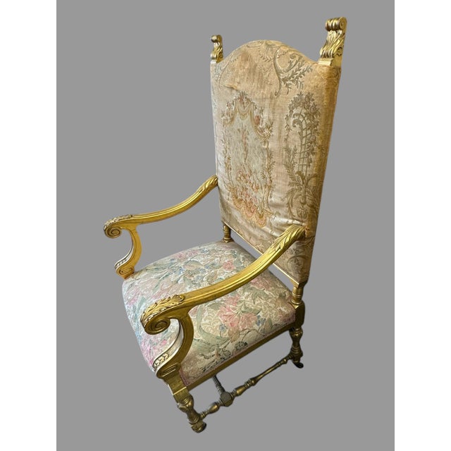 Victorian Antique Victorian Louis XVI Style Gilt Wood Fauteuil Throne Tall Back Armchair For Sale - Image 3 of 8