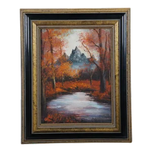 Vintage Autumn Forest Mountain Pond Landscape Oil Painting 17"