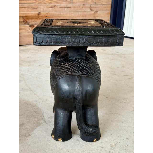 Mid 20th Century Mid-20th Century Hand-Carved Elephant Side Table With Bone Inlay Top For Sale - Image 5 of 12