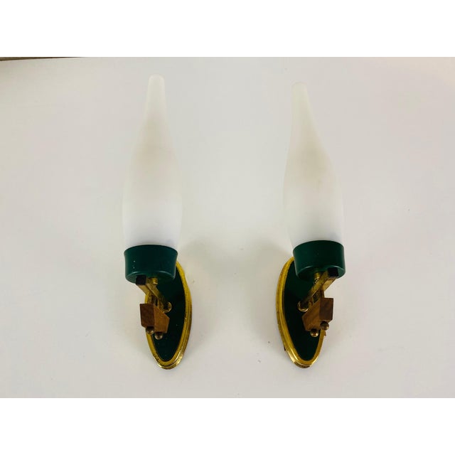 Mid-Century Modern Midcentury Brass and Opaline Glass Wall Lamps, Italy, 1960s - A Pair For Sale - Image 3 of 7