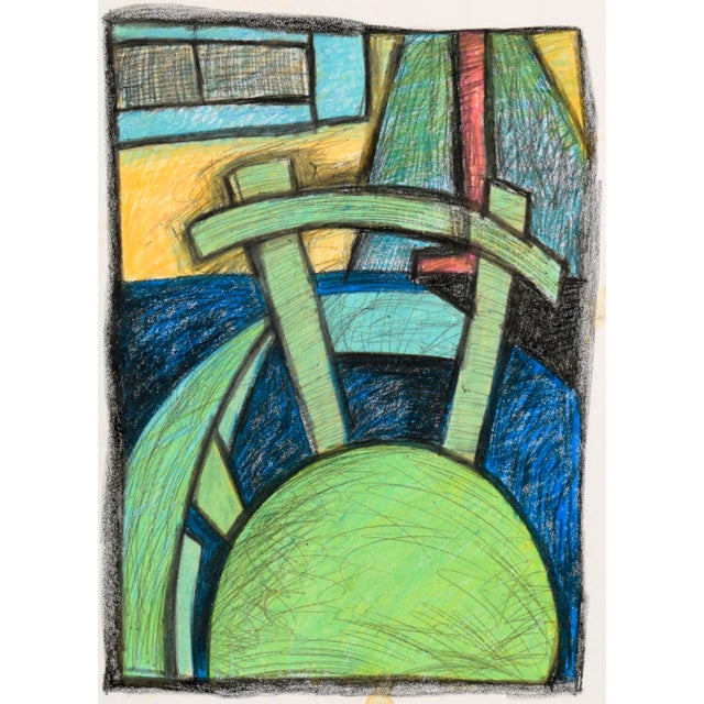 Cubism The Desk Chair - Cubist Interior Scene in Crayon on Paper by Michael William Eggleston For Sale - Image 3 of 5