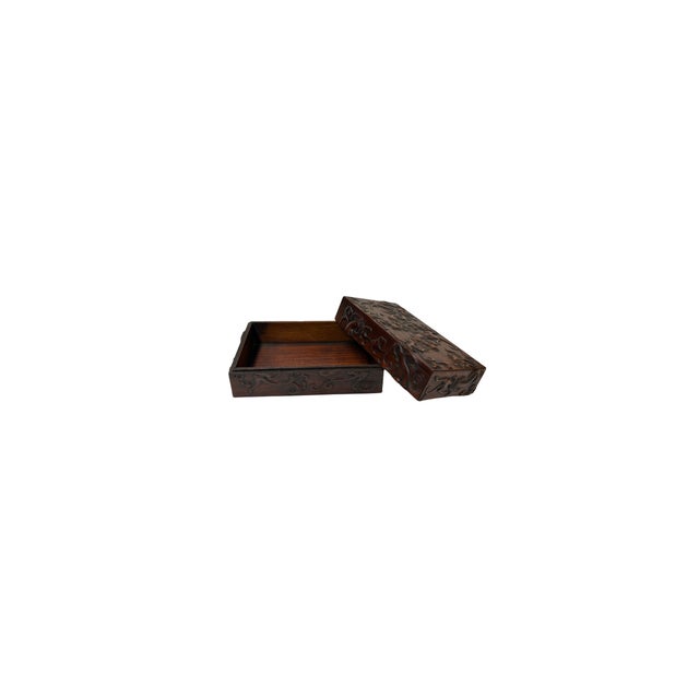Oriental Relief Mythical Figure Motif Brown Natural Wood Small Accent Box For Sale - Image 9 of 9