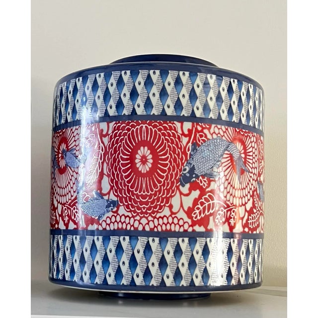 Vintage Modern Asian Chinoiserie Large Ginger Jars, Koi Fish Pattern, Designed by Jean Dange Paris, a Pair For Sale - Image 4 of 12