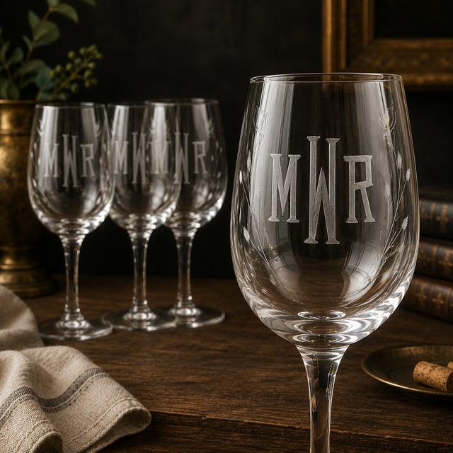Mid-Century Modern Vintage Etched MWR Monogram Stemmed Glasses - Set of 4 For Sale - Image 3 of 5