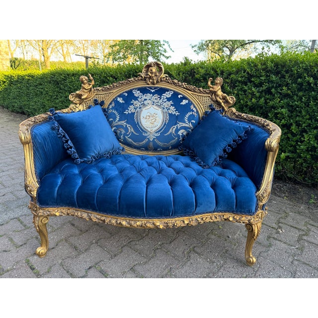 1940 French Louis XVI Gold Beech Blue Velvet Settee For Sale - Image 10 of 18