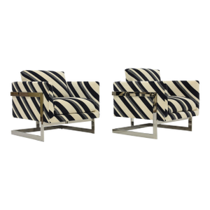 Attributed Milo Baughman T-Back Lounge Chairs in Kelly Wearstler Sereno Stripe Velvet, Mid-20th Century