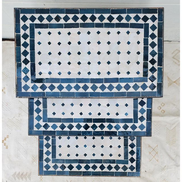 2020s White and Petrol Blue Moroccan Mosaic Nesting Tables - Set of 3 For Sale - Image 5 of 6