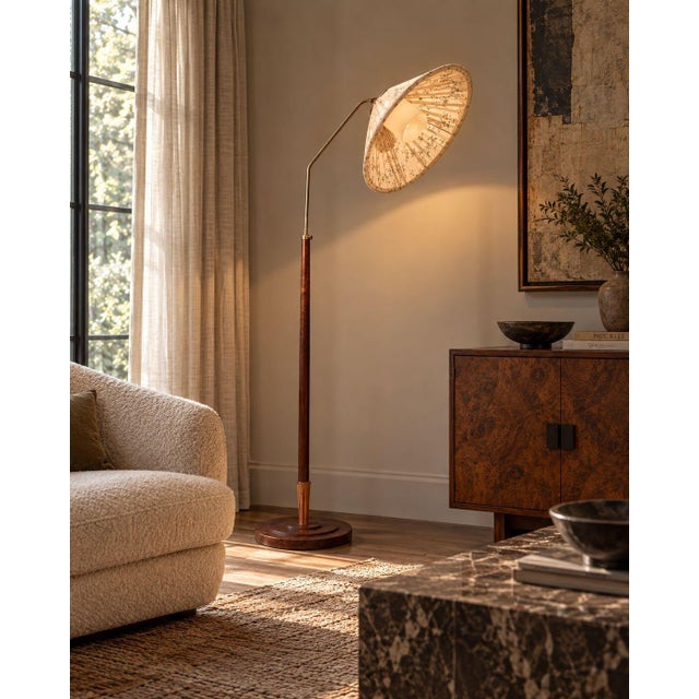 Swedish Mid-Century Modern, Double Shade Floor Lamp, Stained Wood, Metal, Fabric, Sweden, 1950s A sculptural Swedish Mid-...