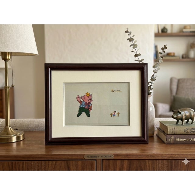 Gray Vintage Embroidery Piggy Rectangular Framed Art For Sale - Image 8 of 8