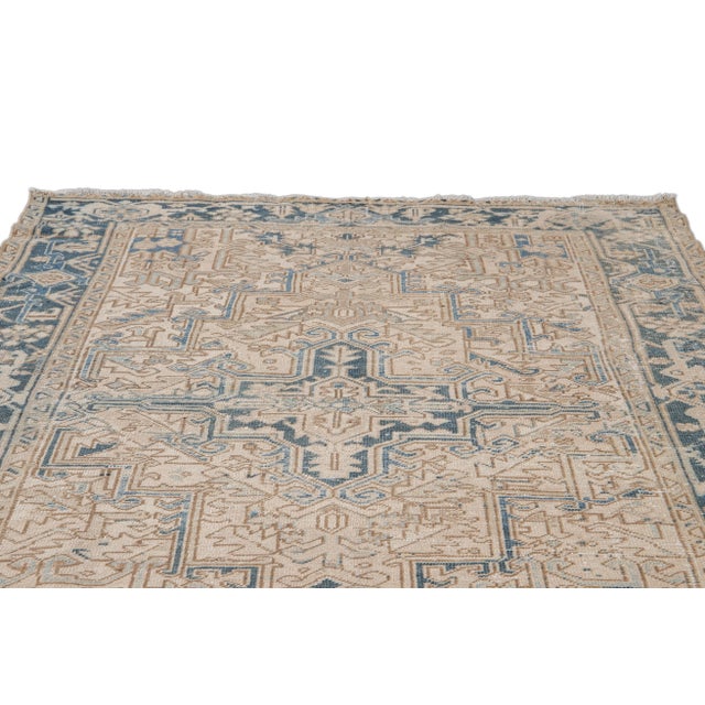 Shabby Chic Antique Heriz Shabby Chic Beige and Blue Handmade Wool Rug For Sale - Image 3 of 9