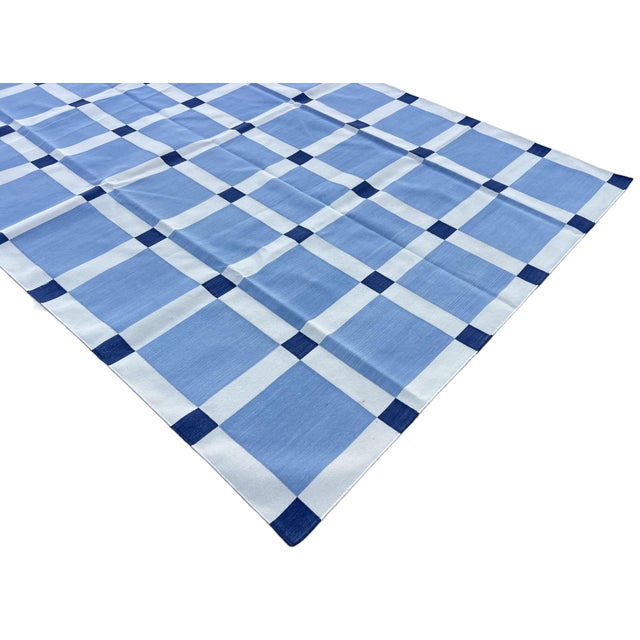 Handmade Cotton Vegetable Dyed Rug, Sky Blue and White Tile Geometric Dhurrie-6'x9' For Sale - Image 18 of 18