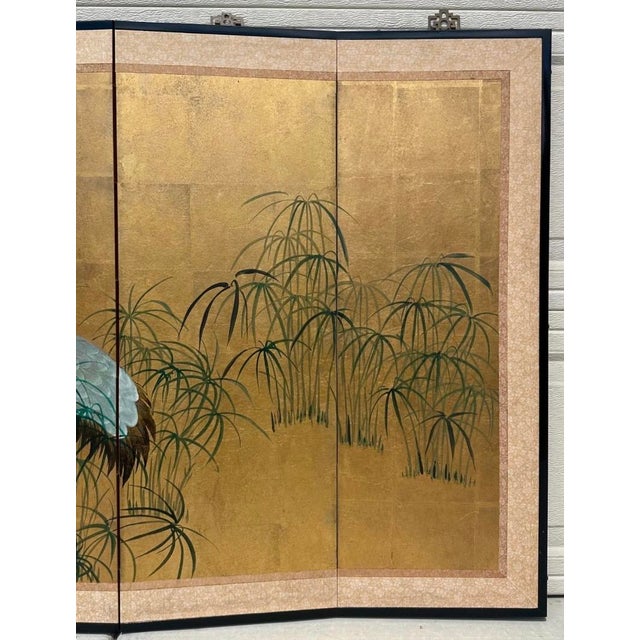 Gold Early 20th Century Japanese Four-Fold Byobu Screen With Cranes and Young Bamboo For Sale - Image 8 of 18