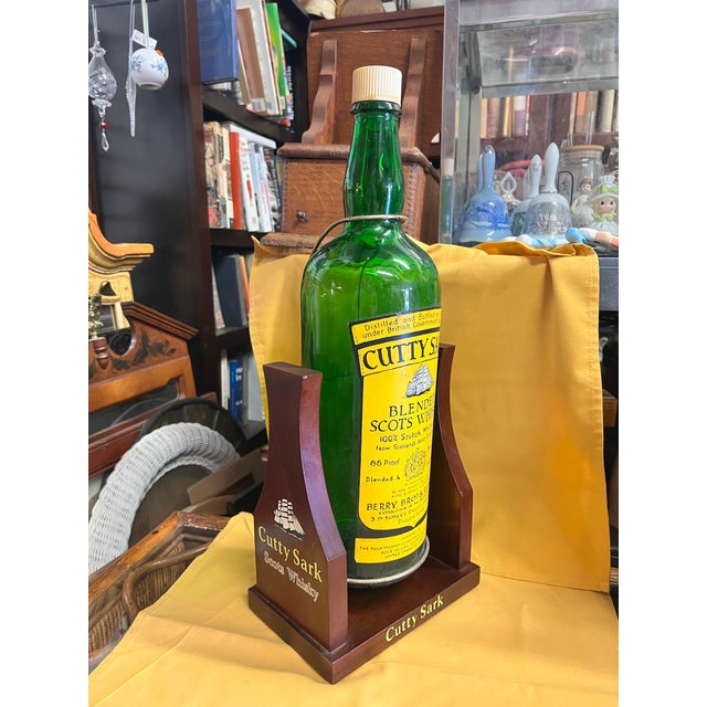 Mid-Century Modern Vintage Mid-Century Modern Large Whisky Display Bottle in Wooden Cradle Stand For Sale - Image 3 of 6