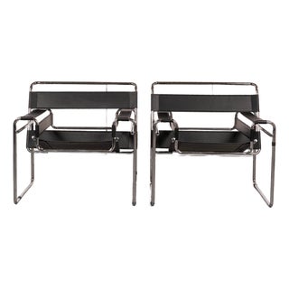 Pair of Late 20th Century Black Leather Wasilly Style Chairs, Not Labeled For Sale