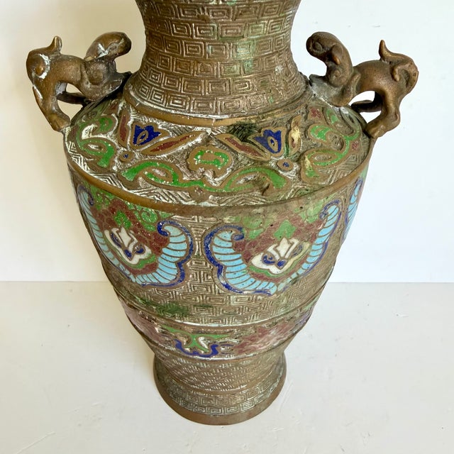 Japanese Antique Japanese Champlevé Vase With Foo Dog Handles For Sale - Image 3 of 8