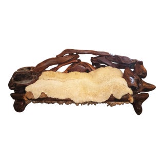 1960s Vintage Free Form Slab Redwood Three Seater Settee with Sheepskin For Sale