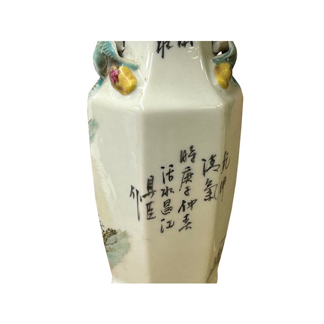 Chinese Scenery Graphic Hexagonal White Porcelain Art Vase 2 For Sale - Image 14 of 17