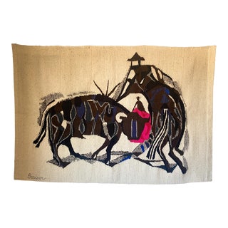 1950s Signed Saul Borisov Mid-Century Modern Large Woven Wool Tapestry Rejoneador Mounted Bull Fighter For Sale