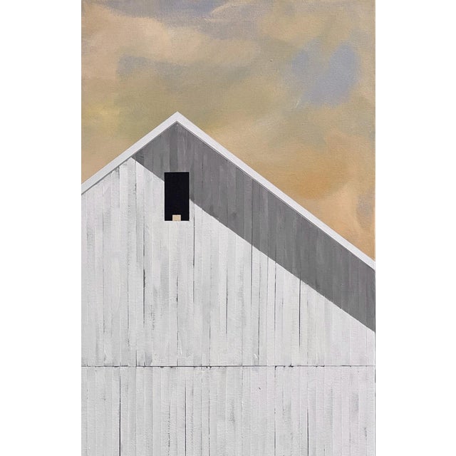 Contemporary Summer Sunrise by Justin Wheatley | Acrylic on Canvas White Barn With Peach Sky For Sale - Image 3 of 11