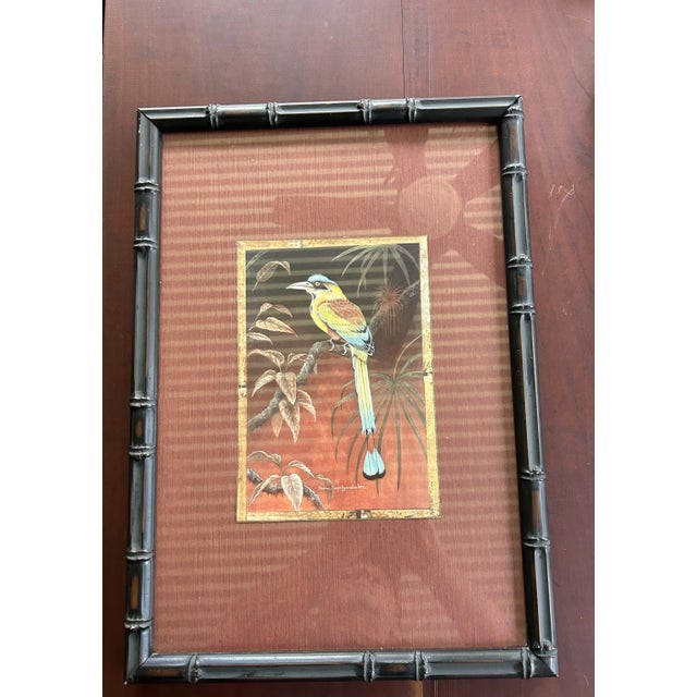 Late 20th Century Ebonized Bamboo Framed Tropical Bird Prints - A Pair For Sale - Image 5 of 6