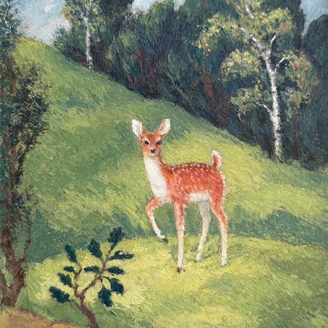 American Late 20th Century Pair of Petite Framed Folk Art Landscape Deer Paintings For Sale - Image 3 of 10