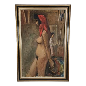 Large Oil Painting Nude With Scarf Framed Signed