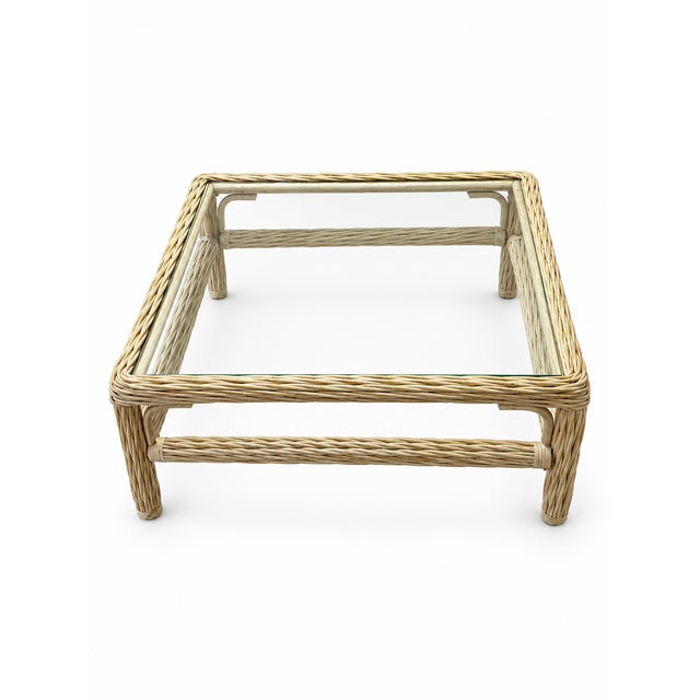 Wood Late 20th Century Coastal Wicker and Rattan Square Glass-Top Coffee Table For Sale - Image 7 of 8