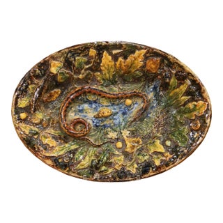 Early 20th Century French Palissy Majolica Platter With Snake, Frog, and Shells For Sale