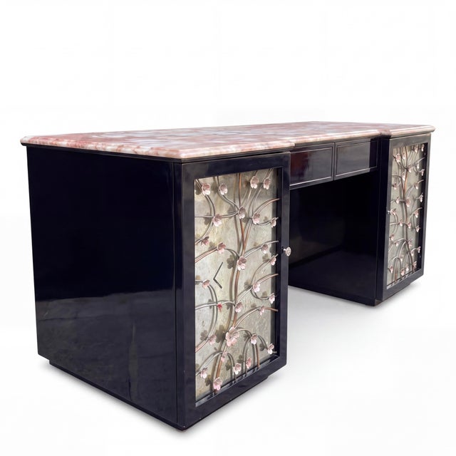 Metal Hollywood Regency Lacquered & Mirrored Credenza / Vanity / Desk /Sideboard W/ Pink Marble & Tole Doo For Sale - Image 7 of 11