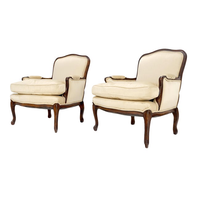 Down Filled Cushions Silk Like Upholstery Carved Legs French Lounge Chairs - A Pair For Sale