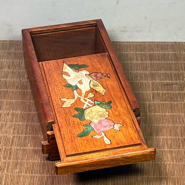Vintage Pearwood Secret Mechanism Jewelry Box, Mother of Pearl Bird & Floral Inlay, Chinoiserie Keepsake Box For Sale In Los Angeles - Image 6 of 9