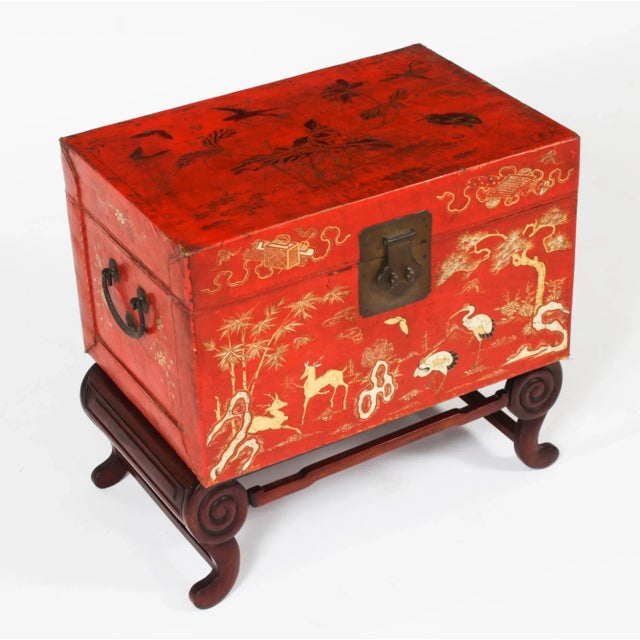 Antique Chineses Red Lacquered Leather Chinoiserie Trunks, 19th Century, Set of 2 For Sale - Image 3 of 18