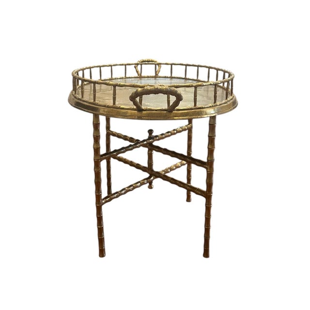 Mid 20th Century Vintage Brass Faux Bamboo Oval Tray / Drinks / Side / Accent Table With Folding Stand, in the Manner of Maison Baguès For Sale - Image 5 of 10