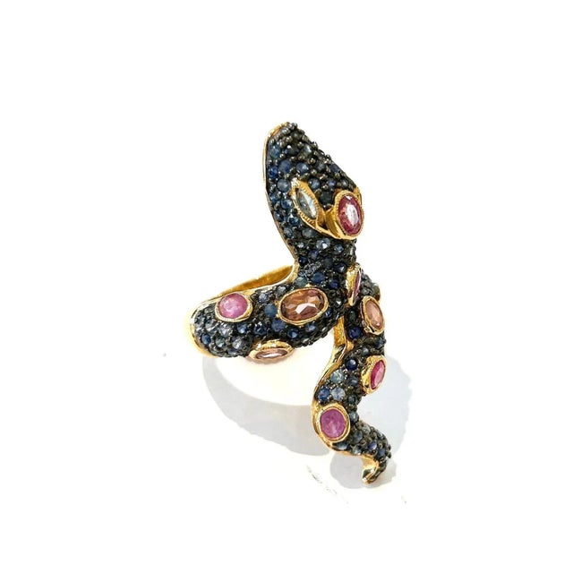 Bochic “Orient” Ruby and Multi Color Sapphire Serpent Ring In 18K Gold and Silver, Size 7 For Sale - Image 4 of 7