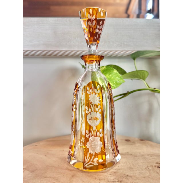 Vintage Art Deco Amber Cut Floral Etched Crystal Decanter Set With 6 Glasses - 7 pcs For Sale - Image 9 of 12