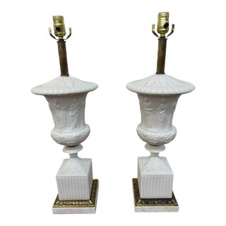 Antique Wedgwood Faux Marble Base Brass Neoclassical Table Lamps - Set of 2 For Sale