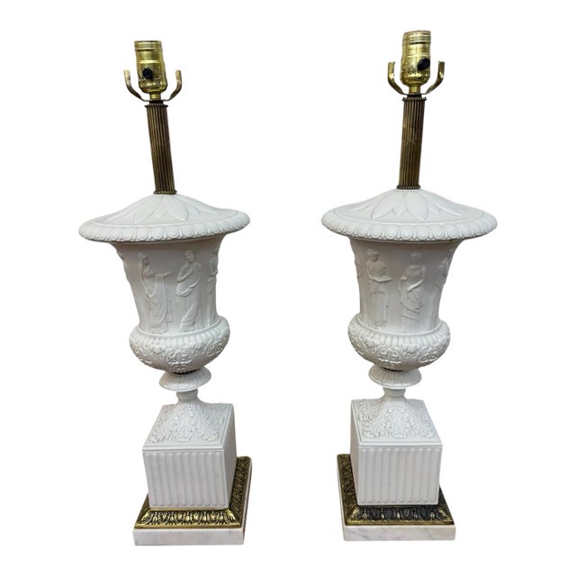 Antique Wedgwood Faux Marble Base Brass Neoclassical Table Lamps - Set of 2 For Sale