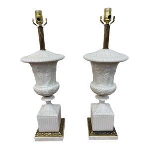 Antique Wedgwood Faux Marble Base Brass Neoclassical Table Lamps - Set of 2