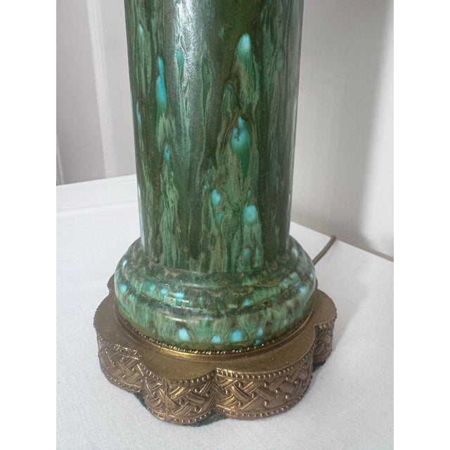 Metal Vintage Mid Century Hollywood Regency Drip Glaze Ceramic Aqua, Brass & Gold Leaf Shaded Table Lamps, a Pair For Sale - Image 7 of 18