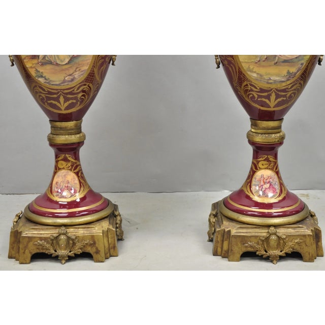 Red Vintage Palace Size French Sevres Style Red Porcelain Revolving Covered Urn Pair For Sale - Image 8 of 18
