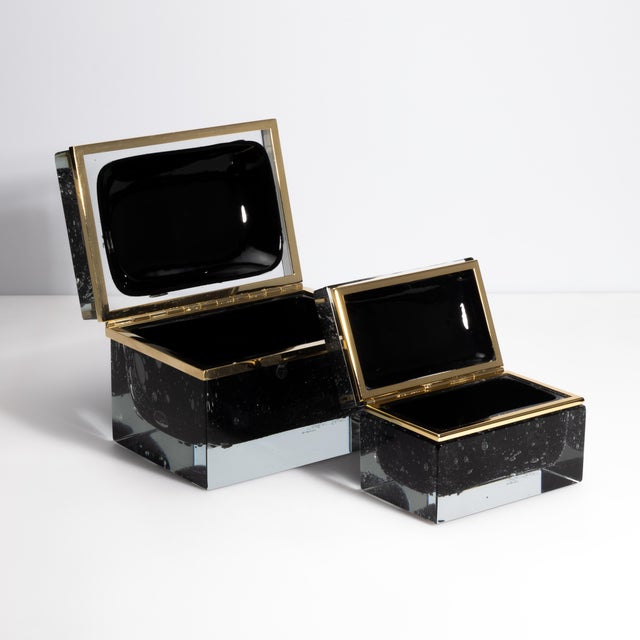 Hand Blown Murano Glass Box in Black With Bubbles and Brass Fittings For Sale - Image 12 of 12